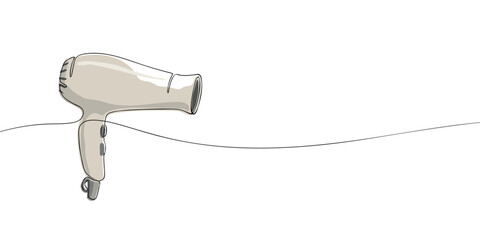 A simple illustration of a handheld hair dryer with a curved nozzle, light beige body, and control buttons on the handle © Dancepol
