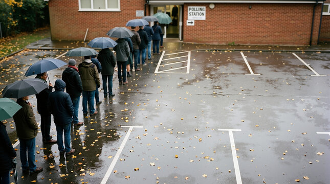 Diverse group of adults patiently standing in a long line with umbrellas outside a local school polling station on a rainy day