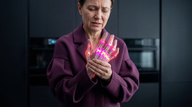 Woman suffering from hand pain with highlighted joints. Arthritis symptoms showcasing inflammation in fingers. Medical concept of joint disease, chronic ache, and rheumatology healthcare checkup.