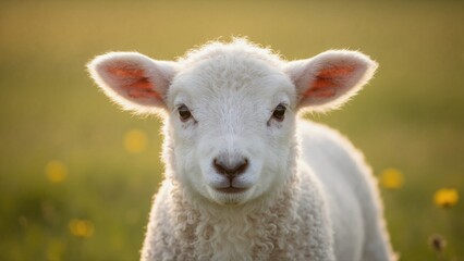 Obraz premium Close up portrait of young white lamb in green meadow. Cute baby sheep in field at golden hour. Spring farm animal concept