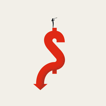 Minimal vector illustration concept. A business woman seeks future vision atop a falling US dollar currency sign. Symbol for money market stock crash, drop, and financial recession.