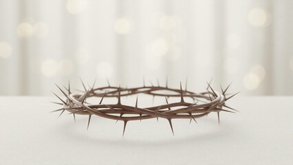 Crown of thorns on white surface with bokeh background. Christian Easter and Lent symbol. Close up of sharp thorns representing passion of Christ