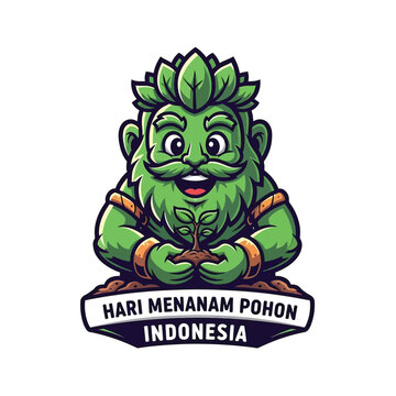 Green Tree Spirit Cartoon Holding Seedling Indonesia