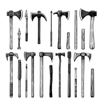 A set of vector images of medieval weapons. Equipment, axes, and poleaxes, isolated on a white background. Weapons and tools. Vector illustration.