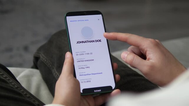 Modern digital ID verification on a smartphone. A user accesses official registry data via a secure mobile app. Ideal for cybersecurity, fintech, and e-governance projects. High-quality visual for