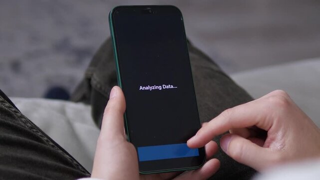 Close-up of a user interacting with an AI business growth app. Sequence shows selecting services, data analysis phase, and receiving a final growth forecast. Ideal for tech startups, financial