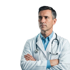 Fototapeta premium Professional male doctor standing with arms crossed and wearing a stethoscope isolated on transparent background