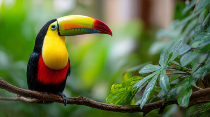 Fototapeta premium Keel-billed toucan perching on a tree branch in a vibrant green tropical rainforest, displaying its striking multicolored bill and flamboyant plumage