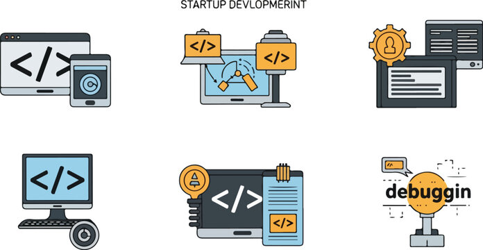 Startup Icons Set Featuring Flat Design and Various Concepts