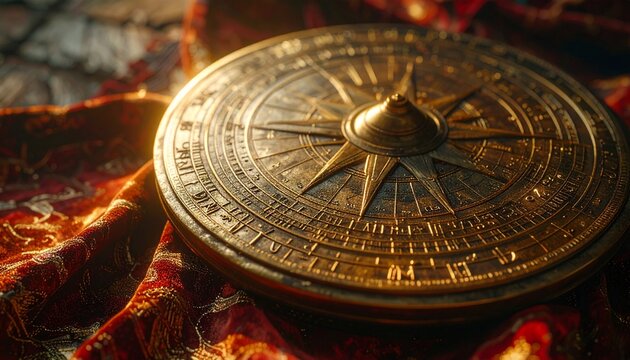 Ornate Golden Compass on Intricate Fabric - A Journey of Discovery.