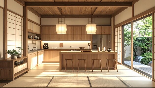 Serene Japanese Kitchen with Natural Light and Wooden Accents.