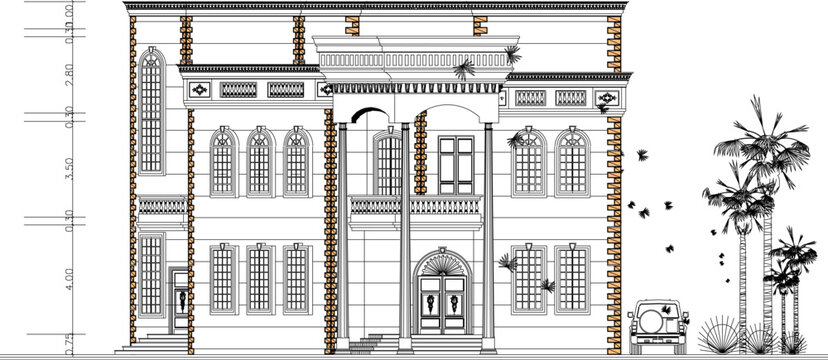 Professional Grade AutoCAD Design for a Commercial Street-Front Building Featuring Detailed Facade Layers and Structural Measurement Lines 