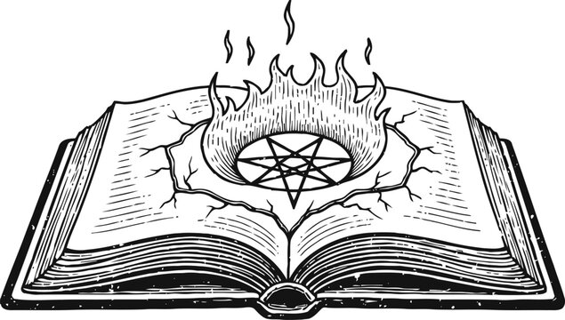 Ancient magic spellbook with flaming pentagram symbol engraving in cracked pages