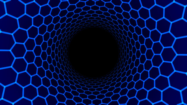 Abstract hexagonal tunnel background with glowing neon blue grid. Futuristic technology network, cyber data flow, digital vortex concept. Abstract geometric technology pattern. Vector Illustration.