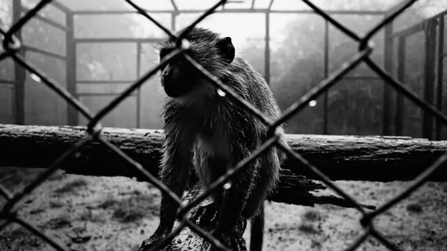 Melancholy monkey sits alone in a cage with a feeling of being trapped and feeling isolated in black and white