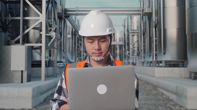 Front View of Asian Male Engineer Use Computer While Walking at Industrial Chemical Plant with Row of Stainless Steel Storage Silos