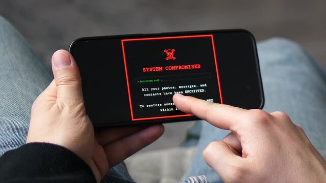 Cybersecurity threat: user falls for phishing message leading to ransomware attack. System Compromised'alert shows encrypted data and BTC ransom. Perfect for safety training, data privacy, and digital