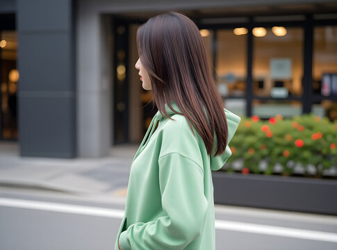 young woman who's wearing light green hoodie is walking in the city steadicam