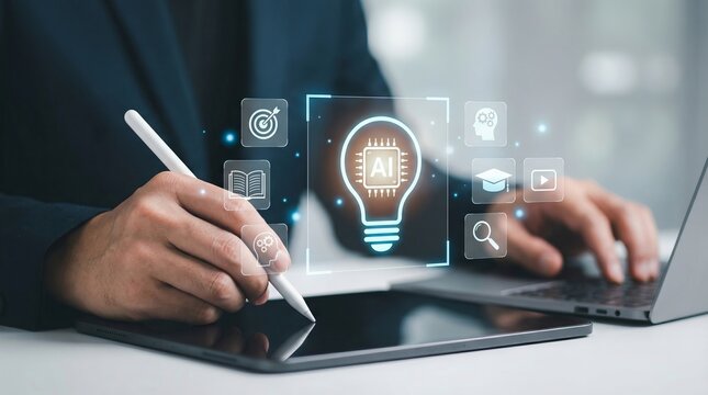 Experience personalized study through smart education technology, leveraging AI powered idea creation, interactive learning icons, and digital tools on a tablet.