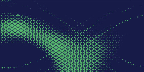 Fototapeta premium Triangular Blue-Green Halftone Texture. Retrowave Vector Geometric Technology Abstract Background. Half Tone Triangles Retro Colored Pattern. Minimal 80s Style Dynamic Tech Structure Wallpaper. Eps10