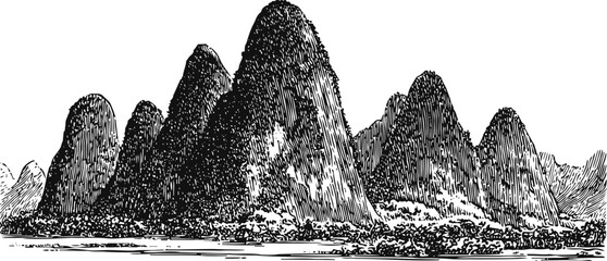 Obraz premium Black and white vintage illustration of sharp rocky mountains with textured shading and detailed contours