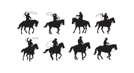 Fototapeta premium Silhouette of rodeo riders in various poses with horses and lassos isolated on transparent background