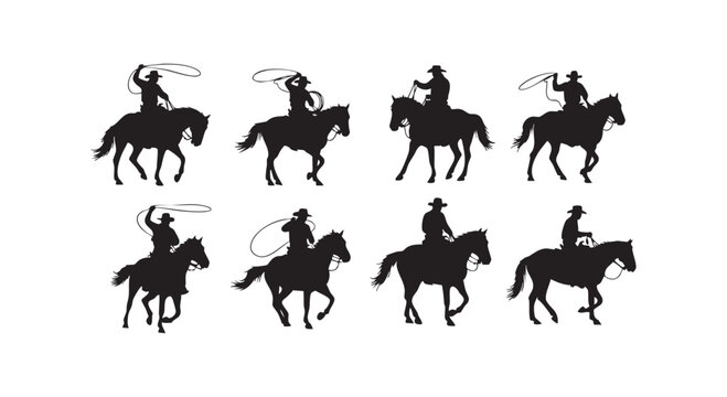 Silhouette of rodeo riders in various poses with horses and lassos isolated on transparent background