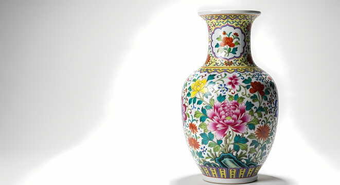 An exquisite, ornate Chinese porcelain vase adorned with colorful traditional floral patterns on a white background.