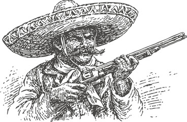 Obraz premium Mexican revolutionary man aiming rifle with wide sombrero hat and mustache in vintage engraving