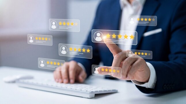 Displaying digital 5-star customer reviews, user comments, and testimony, a person in a business suit interacts with a feedback system.