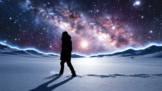 Silhouette of a Person Walking on Snowy Landscape Under a Vibrant Milky Way Galaxy