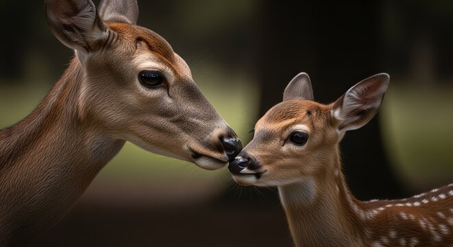 A heartwarming close-up of a mother deer and her fawn affectionately touching noses in a natural environment.