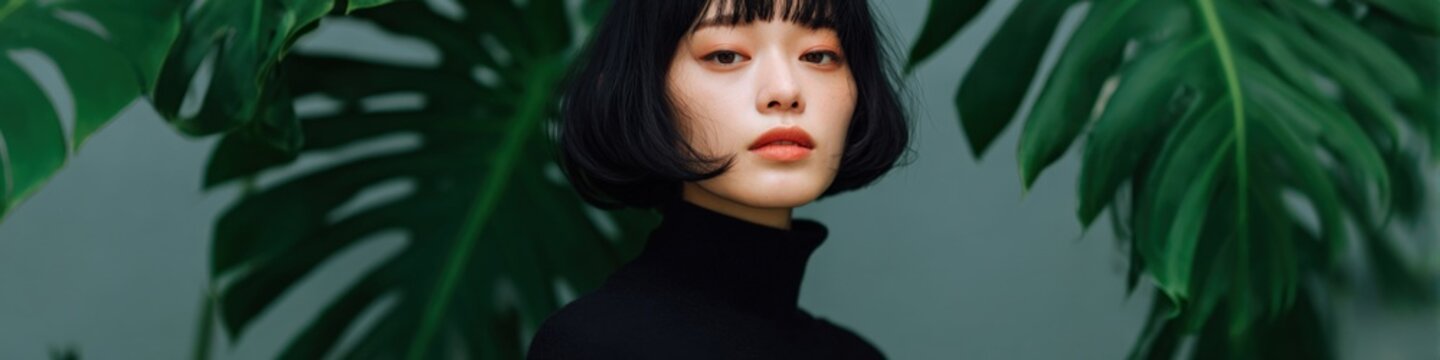 Female asian young model with blunt bob framed by large monstera leaves high neck black top moody green backdrop refined editorial portrait