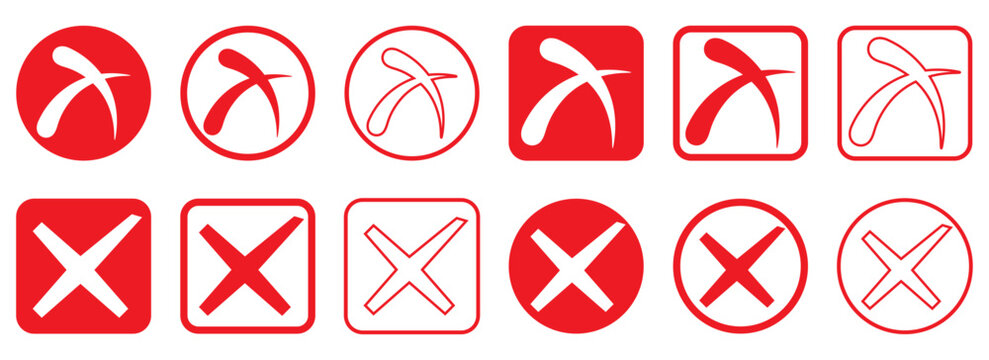 Check Box Icon Set Red Cross Mark Buttons Wrong Declined No Checkmark Invalid Vector Illustration.