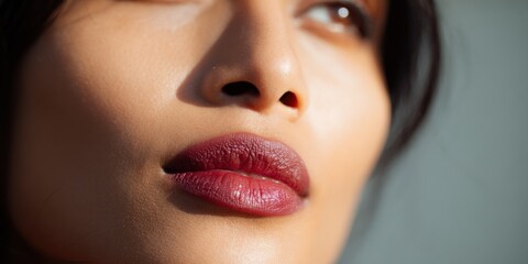 Naklejka premium Female asian young lips closeup makeup lipstick texture soft light shadow beauty portrait close-up of lower face