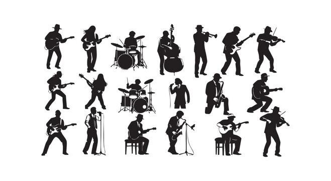 Silhouette of various musicians playing different instruments in black color isolated on transparent background