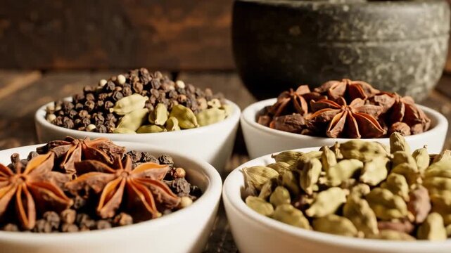 Assorted aromatic spices in bowls on rustic wooden table