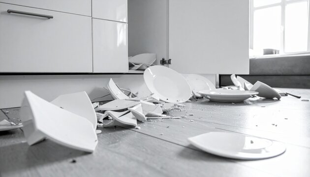 地震の揺れで床に散らばった割れた食器のイメージ