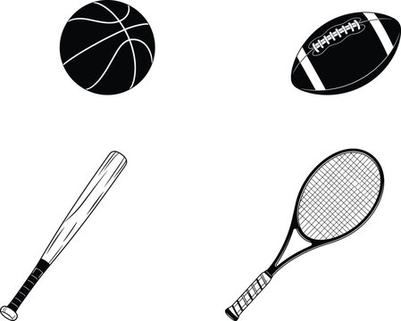 Sports equipment icons set, basketball football baseball bat tennis racket, athletic gear collection, black white vector illustration isolated design