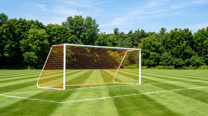 Fototapeta premium Soccer goal with orange net on a professional green grass sports field