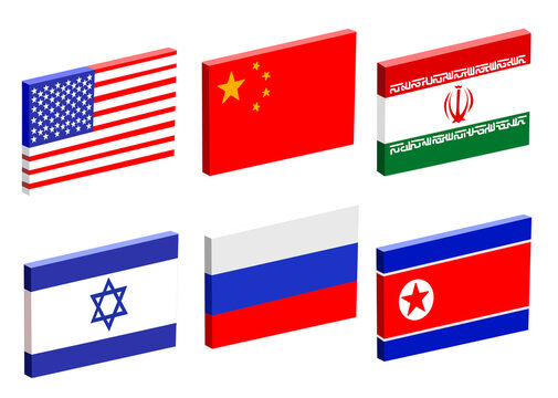 Isometric 3D World Flags Set &ndash; USA, China, Iran, Israel, Russia, North Korea Flag Icons Collection