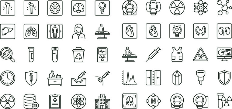 Nuclear medicine diagnostic outline icon set with radiology imaging isotopes anatomy scanner symbols for healthcare apps dashboards interfaces presentations