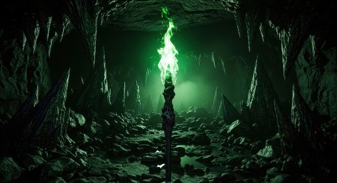 Magical staff with green fire in a dark fantasy cave.