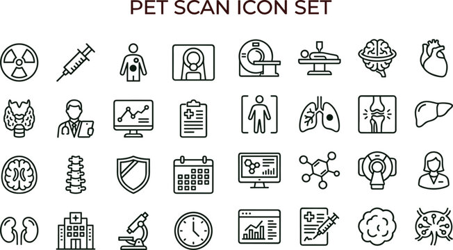 PET scan outline icon set with nuclear medicine imaging radiology diagnostics anatomy analysis symbols for healthcare apps dashboards interfaces presentations