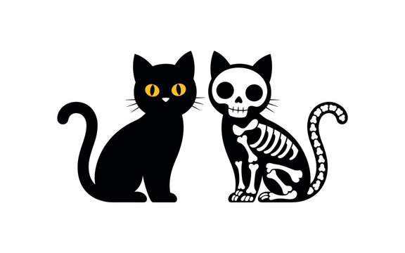 Black cat and white skeleton cat sitting together Halloween spooky minimalist line art illustration