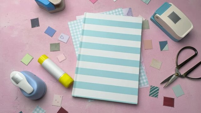 Scrapbooking supplies and crafting tools on pink background