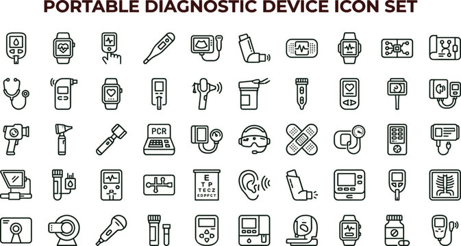 Portable diagnostic medical device line icon set for mobile healthcare monitoring equipment interface symbols vector clinical applications