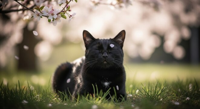 A black cat relaxes in the grass among blooming flowers