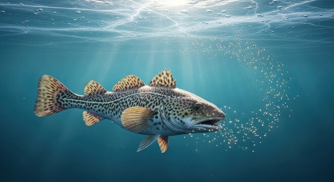 A cod fish swims through clear ocean water.