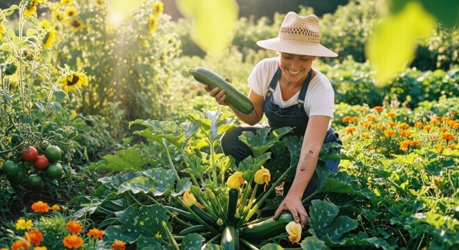 A woman harvests zucchini in her organic summer garden.